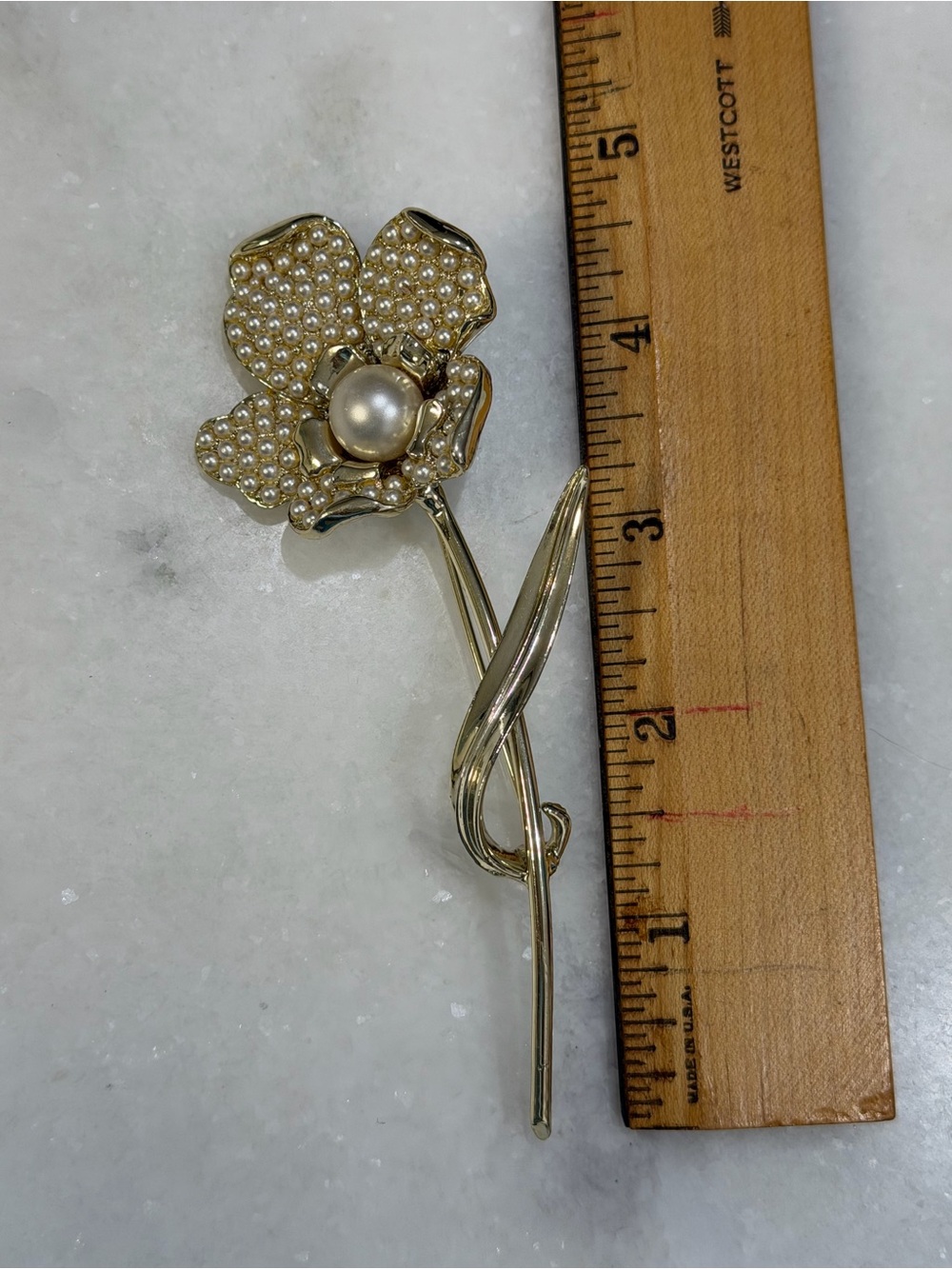 Large Gold Tone Pearl Flower Brooch - statement piece